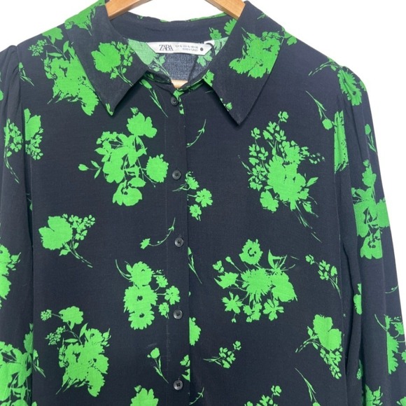 Zara The Nadia Women Black Green Floral Button Front Shirt Mini Dress Size XL - Picture 3 of 7